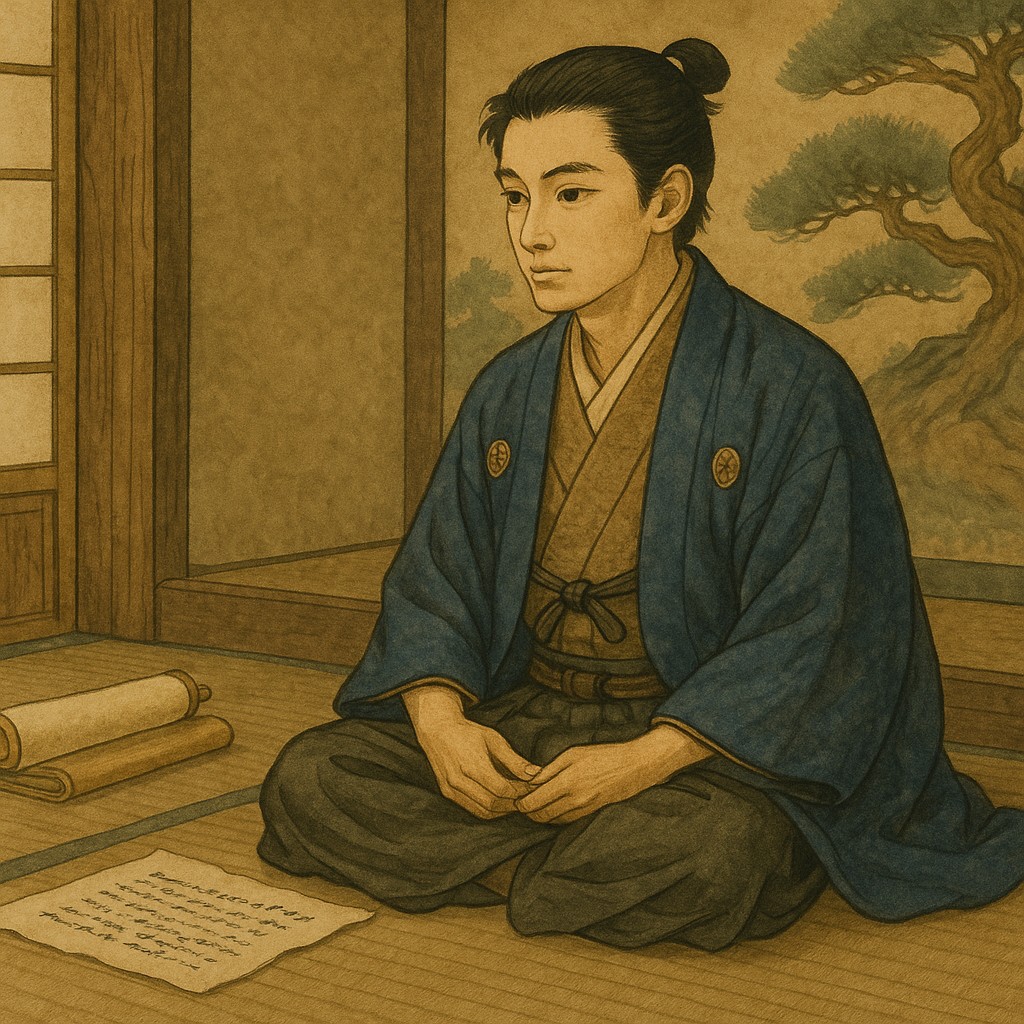 幕末の若き志士を思わせる青年が畳の間で静かに思索する浮世絵風イラスト。理想と改革の志を胸に、光の中で未来を見つめる姿を描写。