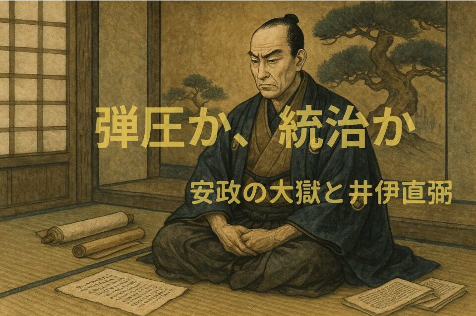 井伊直弼が江戸城内で政務文書を前に静かに座し、安政の大獄を前に思索する様子を描いた浮世絵風イラスト。幕末の政治判断と統治の重責を表現。