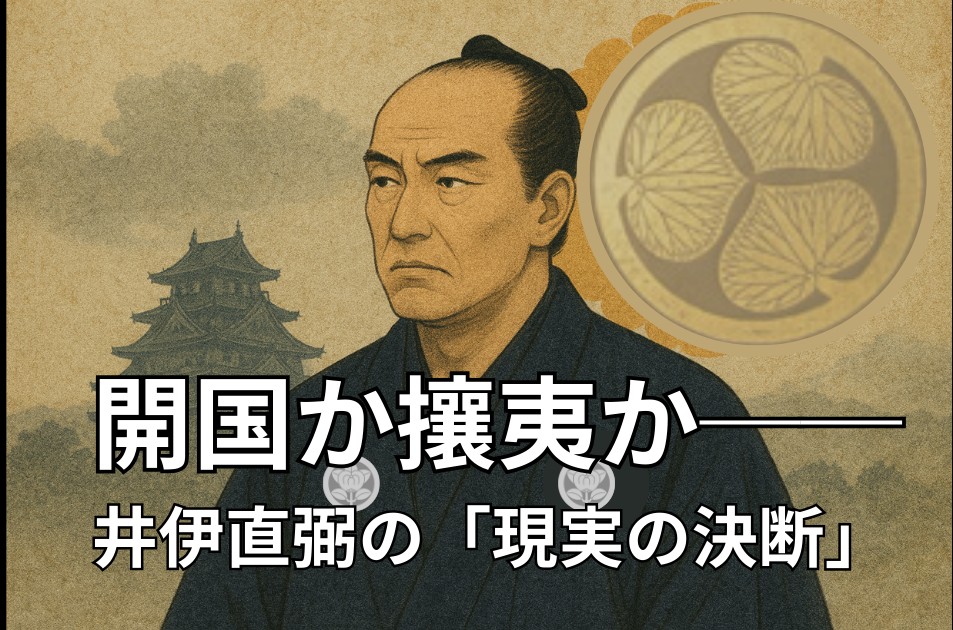 井伊直弼の肖像と江戸城シルエットを組み合わせた、幕末外交を象徴する王道デザインのアイキャッチ画像