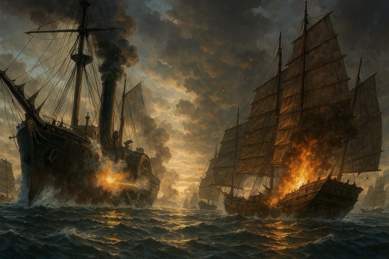 ネメシス号が清朝のジャンク船を砲撃する場面(アヘン戦争)