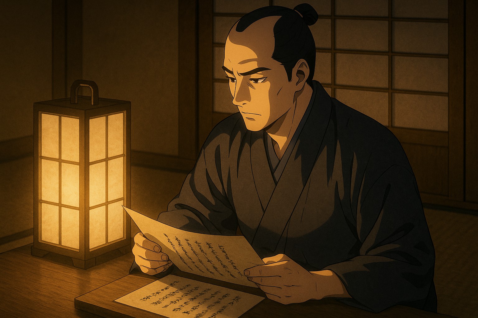 井伊直弼が灯りの下、外交文書を静かに読み込むアニメ風イラスト