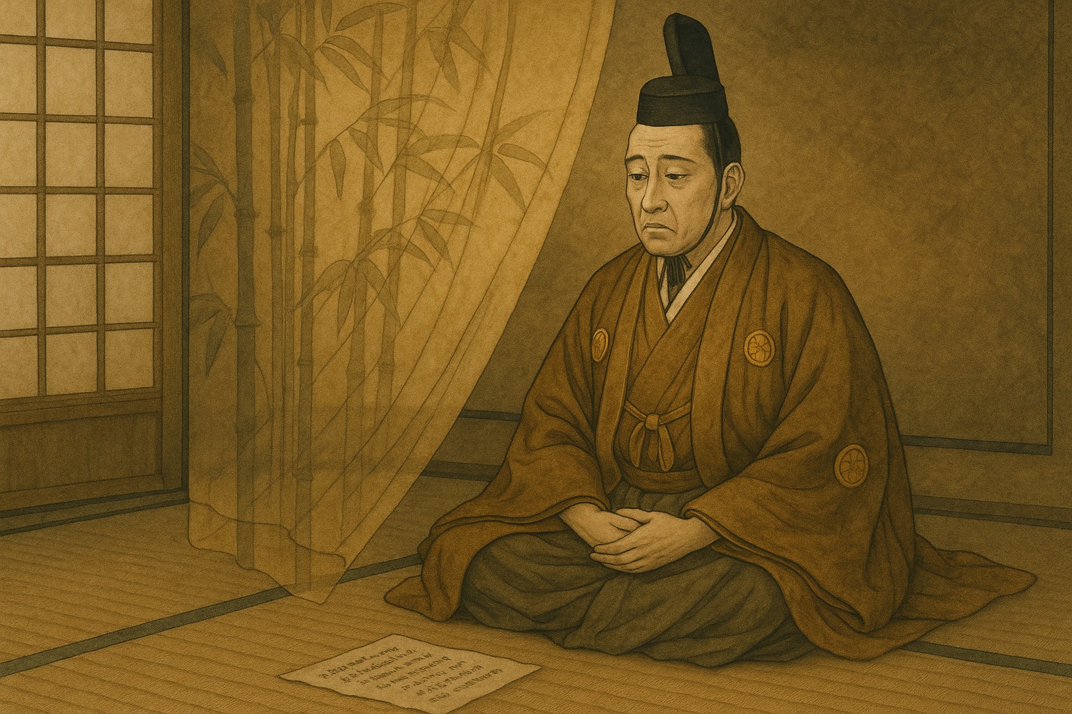 御簾越しの光の中で思索にふける高貴な人物を描いた浮世絵風イラスト。竹の影と静かな室内が、重責と祈りを象徴する。

