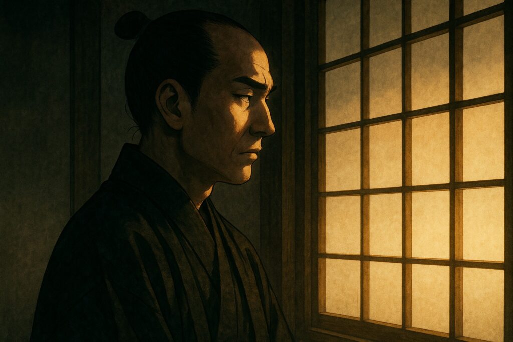 幕末期、井伊直弼が障子越しの光を見つめ、静かな覚悟を宿した横顔。影と光が交差する中で、時代の重圧と決断の瞬間を表現したアニメ風イラスト。