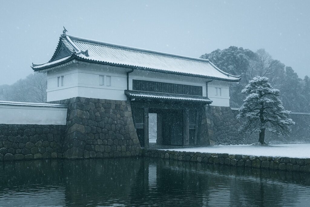 雪の降る江戸城桜田門。石垣と白壁が雪に覆われ、静寂の中に幕末の緊張が漂う。桜田門外の変の舞台となった歴史的情景を写実的に再現した。