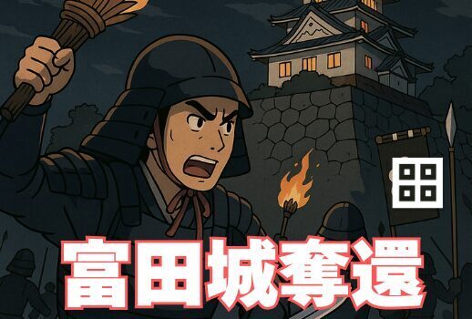 富田城を夜襲する尼子勢を描いたアニメ風イラスト。戦国武将・尼子経久の奇策と下剋上を象徴する場面