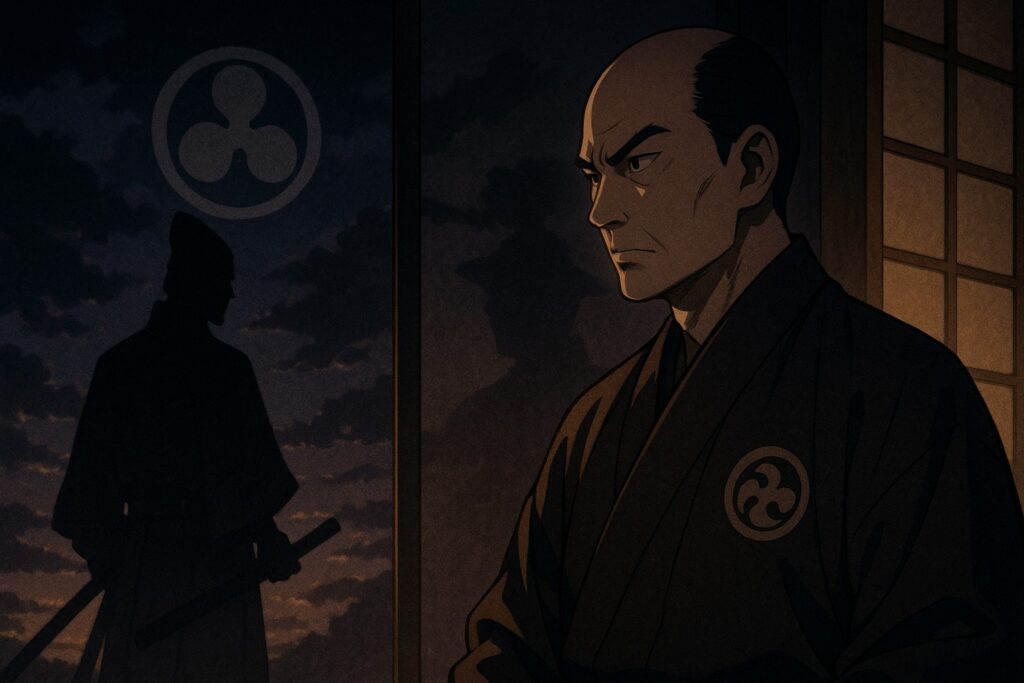 暗い和室で井伊直弼が外の水戸斉昭の影と対峙するアニメ風イラスト。幕末の政治対立を象徴。
