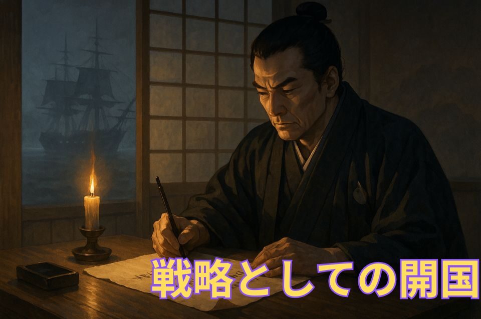 和装の井伊直弼が机に向かい、意見書を執筆 背景にペリー艦隊の影が薄く映る 静かな決意、柔らかい光、重厚感