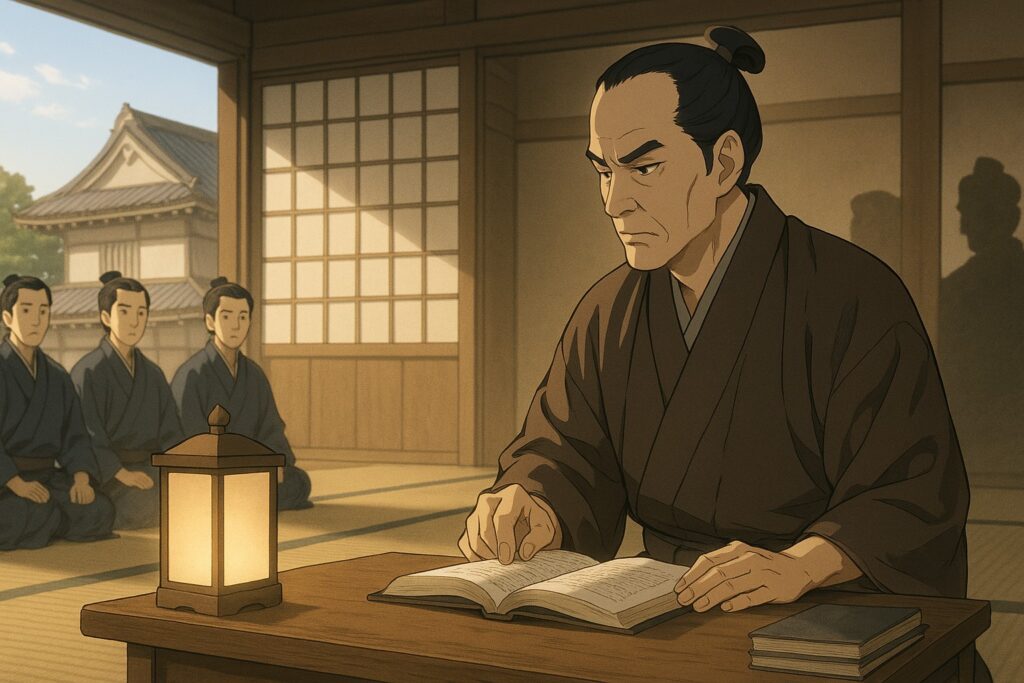 江戸城風の座敷で家臣たちが会議を行う、幕末の政務風景