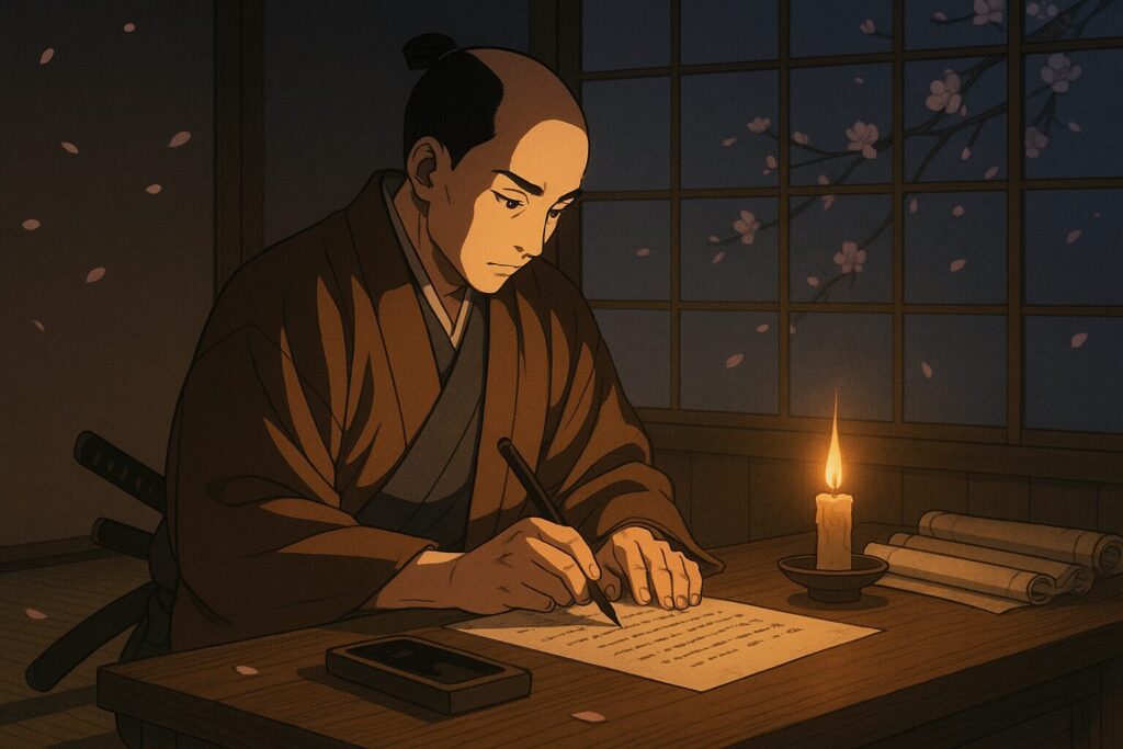 夜、書に向かう直弼。筆先から理想と信念が生まれる。