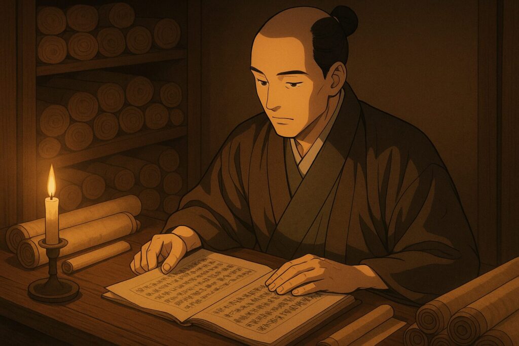 書物に没頭する直弼。国を学び、人の道を考える静かな時間。