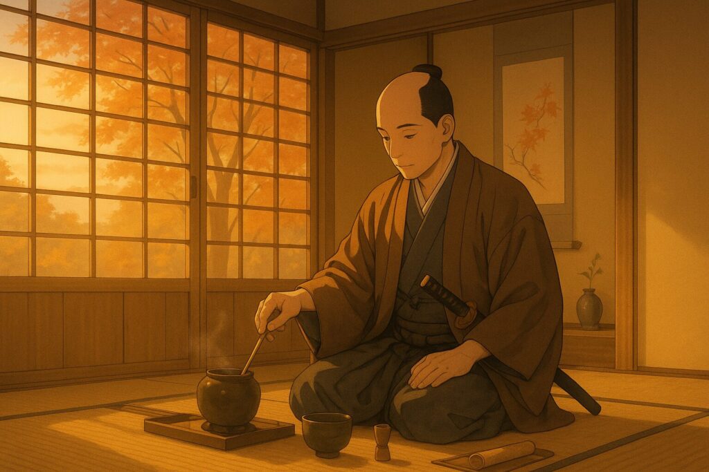 秋の茶室で一服の茶を点てる直弼。そこに宿るのは静寂と真理。