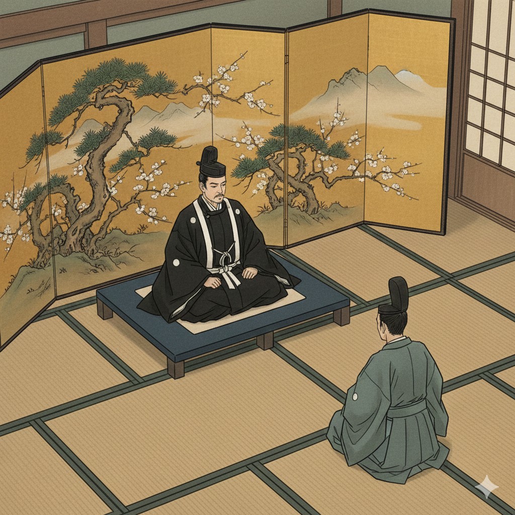 徳川家定と井伊直弼の対話を描いた浮世絵風イラスト