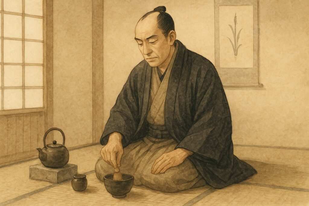 茶室で静かに抹茶を点てる武士風の人物。淡い水墨調の色合いで、侘び茶の精神と静寂な雰囲気を表現したイラスト。