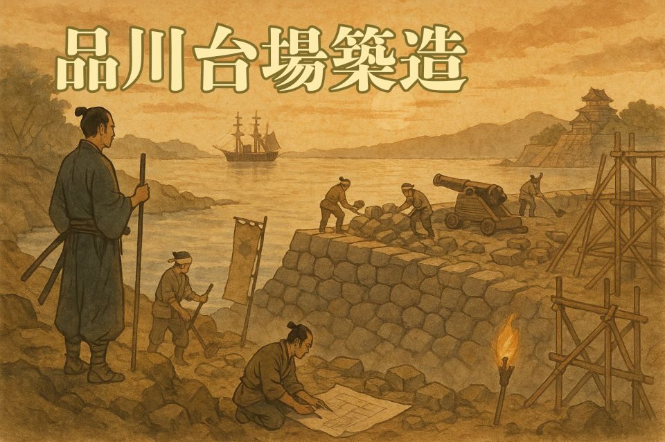 嘉永期に築造された品川台場の建設現場。武士が測量し、職人が石垣を積み、大砲を設置する幕末の江戸湾防備の様子を描いた歴史イラスト。