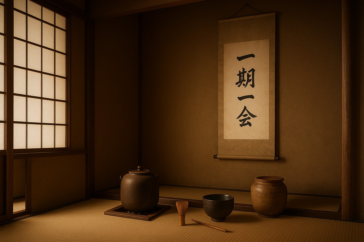 伝統的な茶室に掛けられた「一期一会」の掛け軸と茶道具。柔らかい障子光が差し込む静寂の空間。