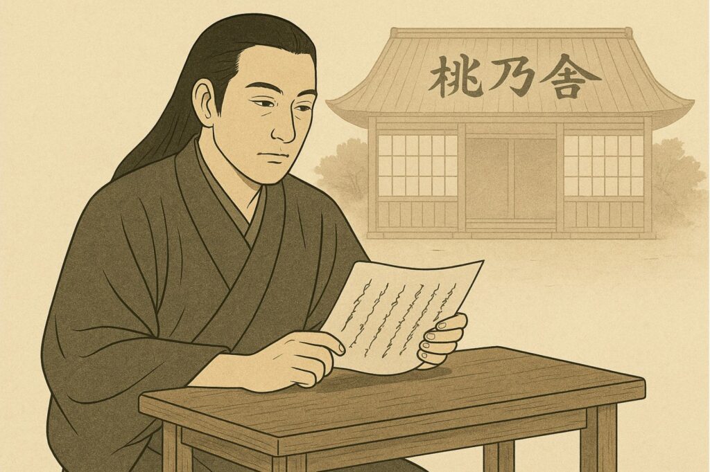 長野義言が桃廼舎の前で巻物を読み、国学の学問と意見書作成に没頭する様子を描いた浮世絵風イラスト