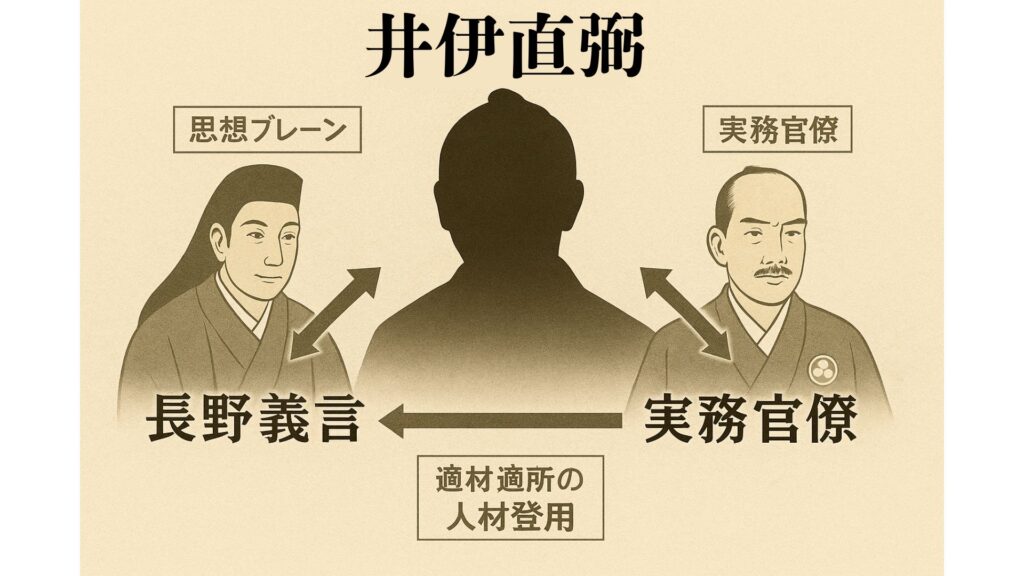 井伊直弼を中心に、長野義言を思想ブレーン、宇津木景福を実務官僚として位置づけた関係図。適材適所の人材登用を示すインフォグラフィック