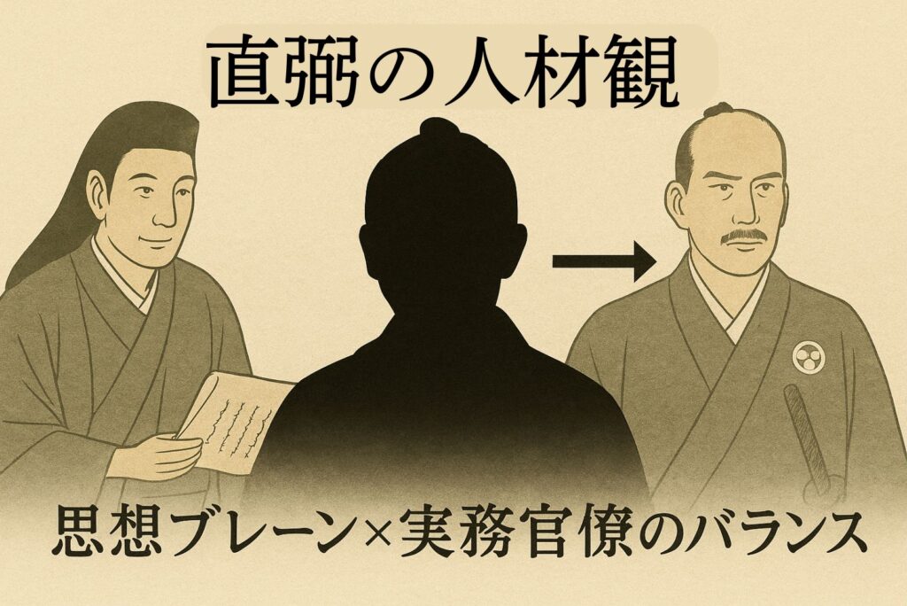 長野義言を中心に、下級藩士・御殿奥向・平士など門人層が広がっていく様子を示した浮世絵風ネットワーク図。桃廼舎から藩政中枢へ影響力が浸透する構造を可視化した図