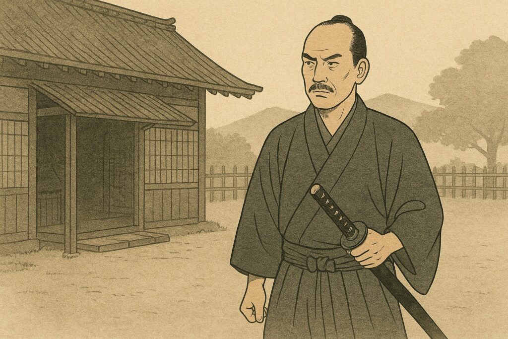 「相州三崎陣屋の前で警備にあたる宇津木景福を描いた浮世絵風イラスト。黒船来航期の海防任務を象徴する構図