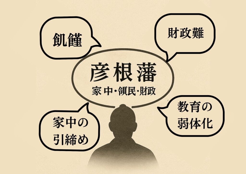 彦根藩を中心に、飢饉・財政難・家中不忠・教育弱体化の課題を示した俯瞰図。