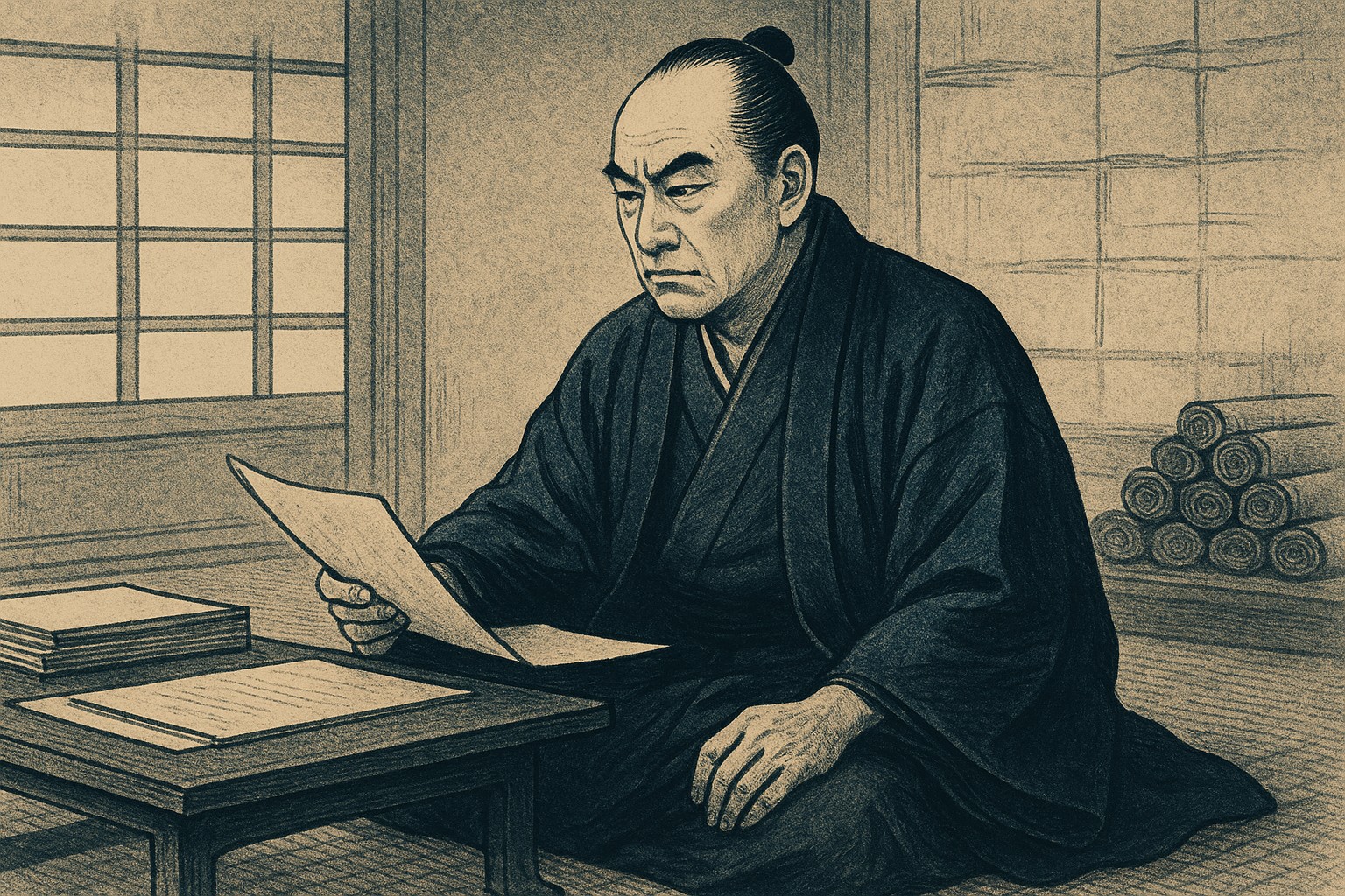 江戸城で巻物と政務文書を読み込む井伊直弼（浮世絵風）