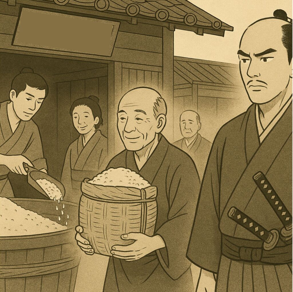 代官所前で米俵が配られ、老人が米を受け取る場面を描いた浮世絵調イラスト。飢饉下で井伊直弼が実施した遺金下賜・救い米施策の象徴的情景。