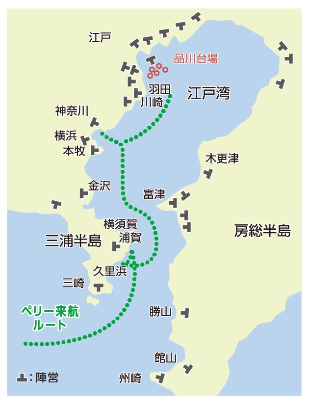 幕末期の江戸湾台場配置図。和紙風の古地図に黒船と品川台場を描き、江戸防衛の様子を示した歴史イラスト。