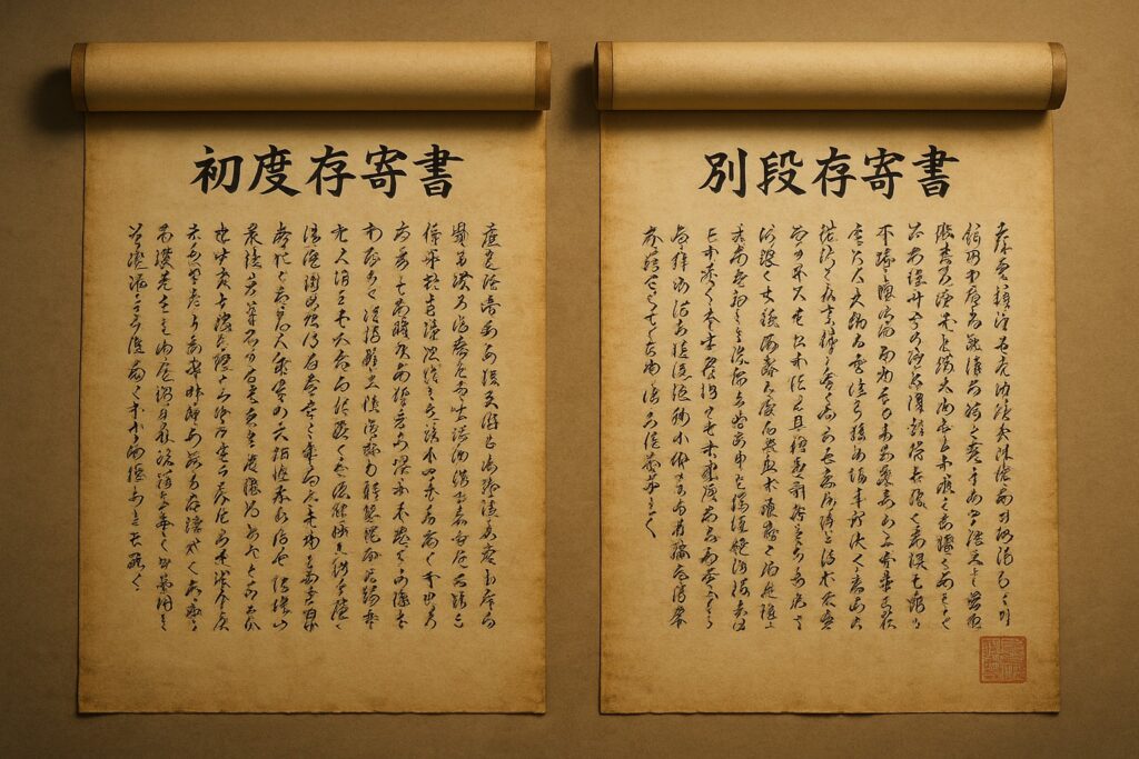 井伊直弼が幕府に提出した初度存寄書と別段存寄書をイメージした古文書風展示図。巻物形式で二点並び、毛筆書風の筆致が史料感を表現。