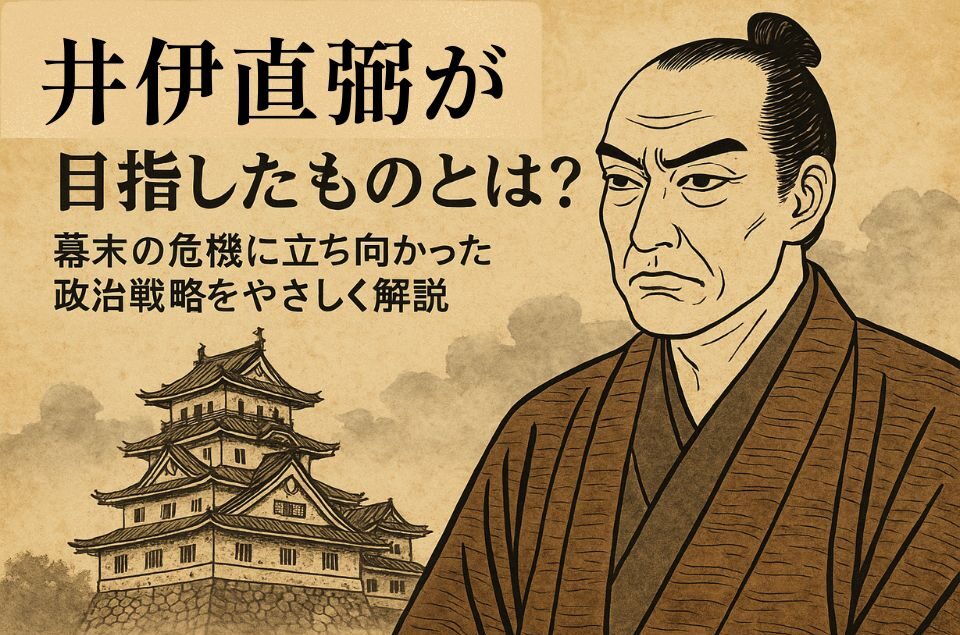 浮世絵風に描かれた井伊直弼と日本の城。幕末期の政治を象徴する重厚な和風イラスト