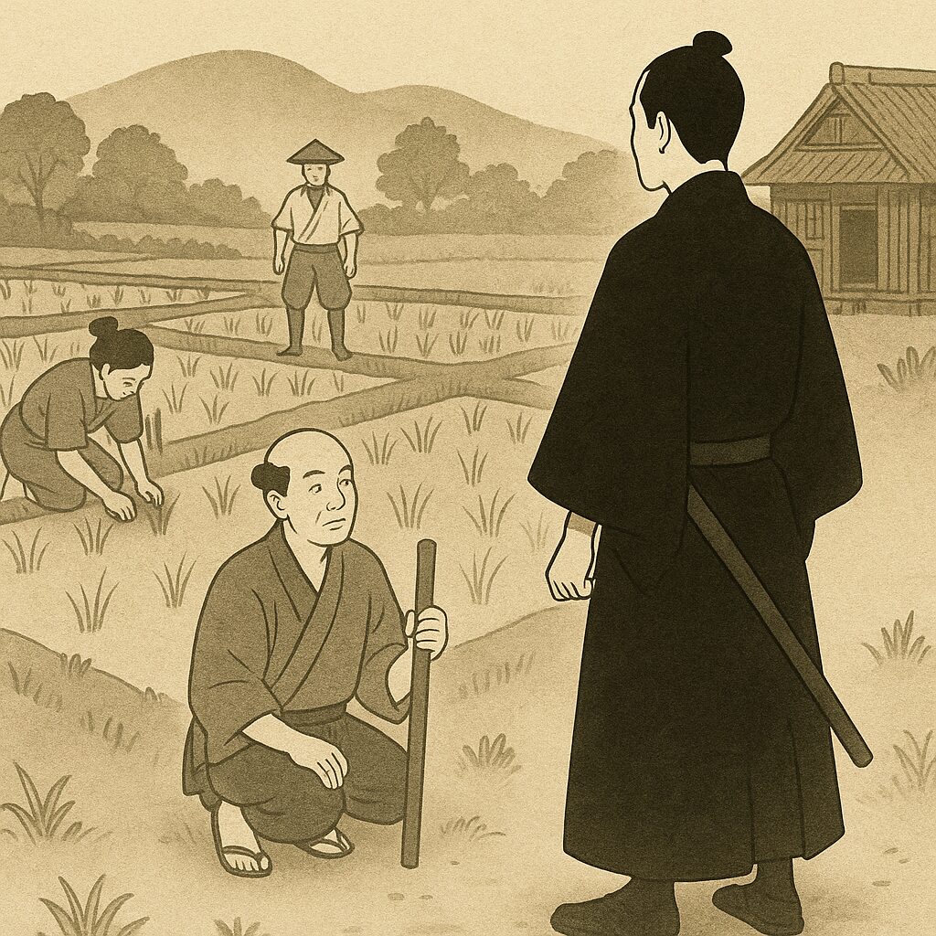 田畑を巡見する藩士と、作業中の農民たちが向き合う場面を描いた浮世絵調イラスト。井伊直弼期の地方行政改革を象徴する農村視察の様子。