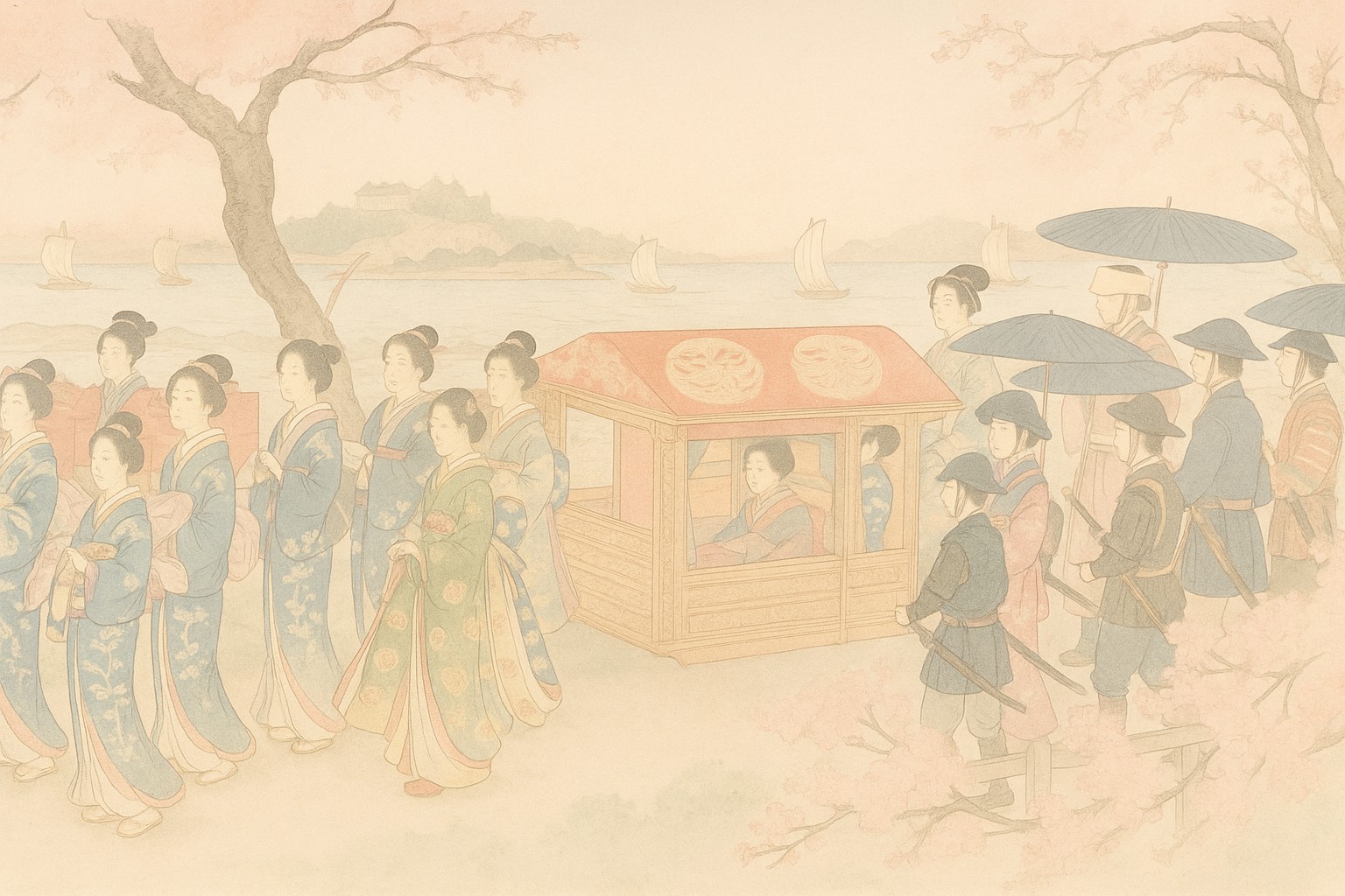春霞のような淡い色彩で描かれた和宮降嫁の行列。桜の下、駕籠に乗る和宮を女官と武士たちが優雅に護送する浮世絵調イラスト。