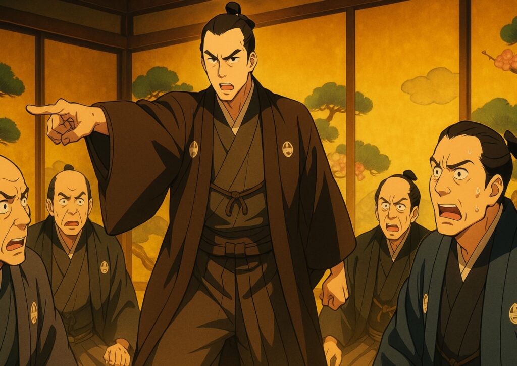 緊急評議で直弼が指示を下し、老中たちが動揺する場面。