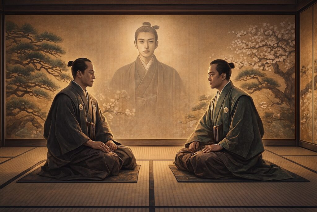 一橋慶喜擁立を密談する松平慶永と島津斉彬、その背後に若き一橋慶喜の姿を象徴的に描いたイラスト。