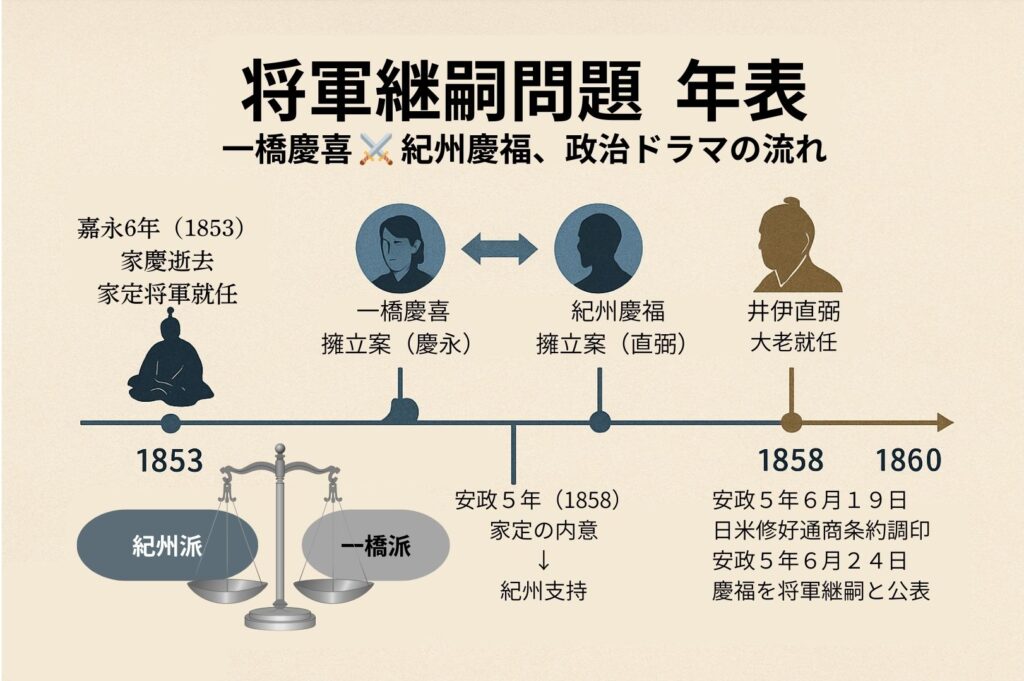 将軍継嗣問題（1853-1860）の年表図。黒船来航から継嗣公表、条約調印、桜田門外の変までの政治事件の流れを可視化したインフォグラフィック。