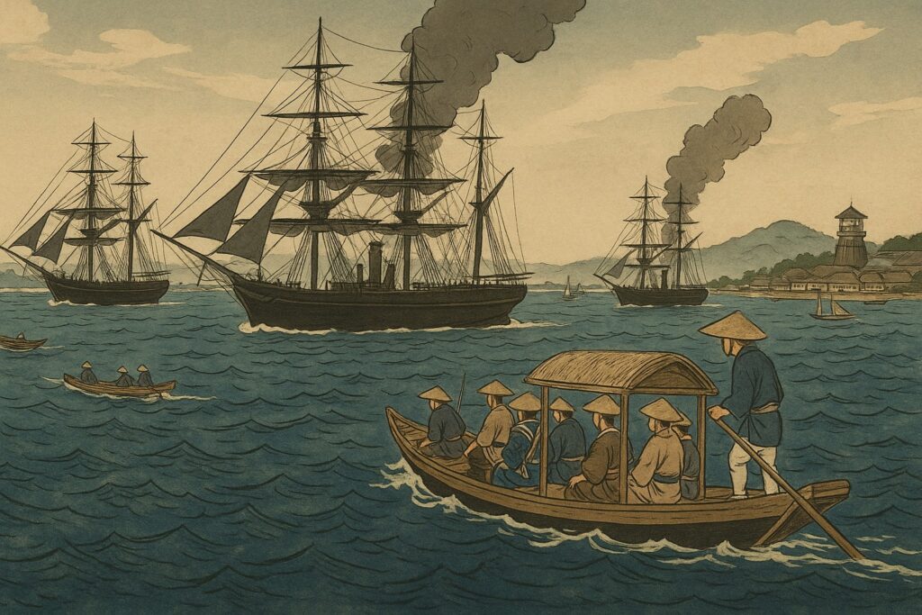 黒船が江戸湾に現れた情景を描いた浮世絵風イラスト。蒸気を上げる黒船と、それを見守る和舟の人々が対比され、幕末の衝撃と緊張感を表現。