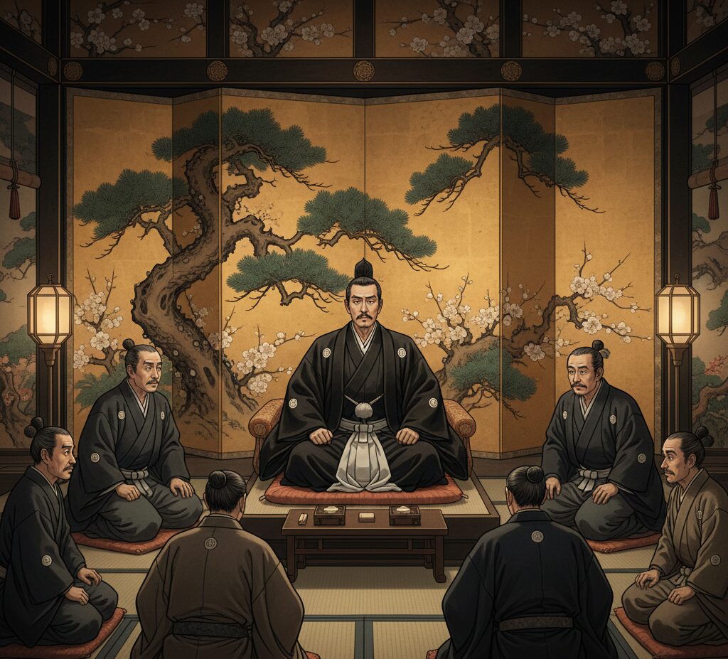 井伊直弼が大老席「一老之上」に着座し、老中たちと対面する場面のイラスト。