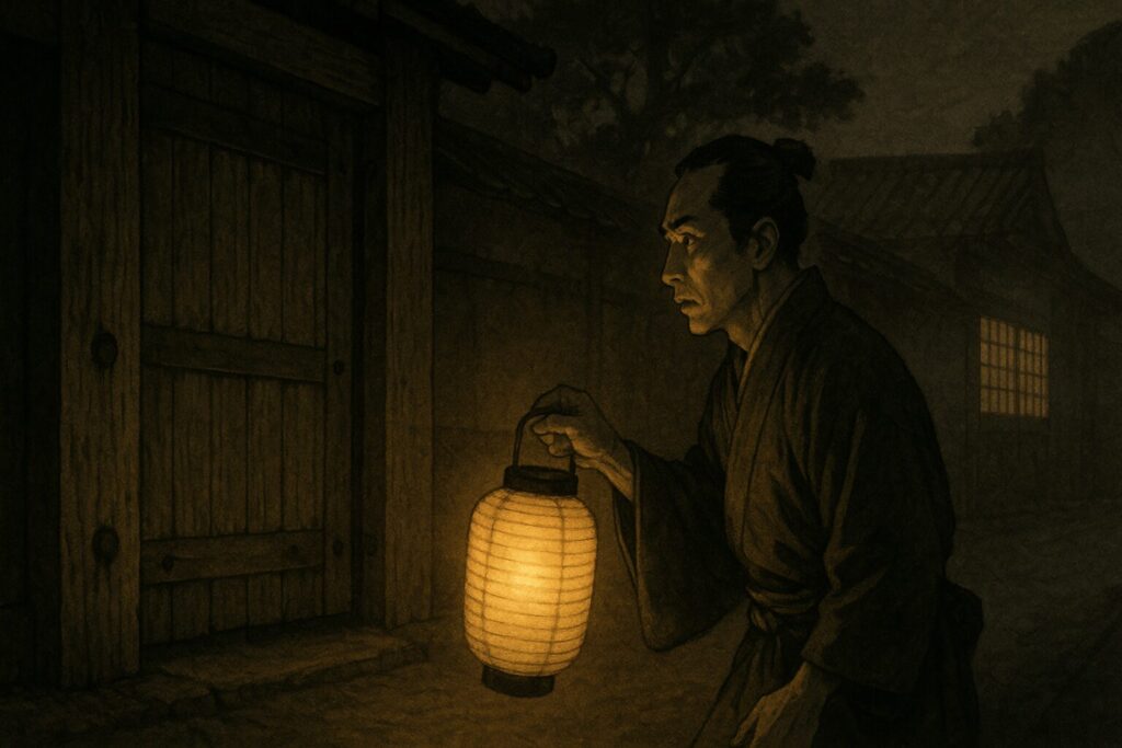 夜の江戸屋敷を訪れる薬師寺元真の浮世絵風イラスト。密話の緊張感を表現。