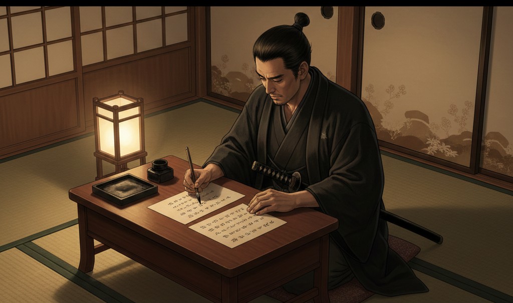 行灯の灯りの中で長野義言が上書をしたためる情景イラスト。