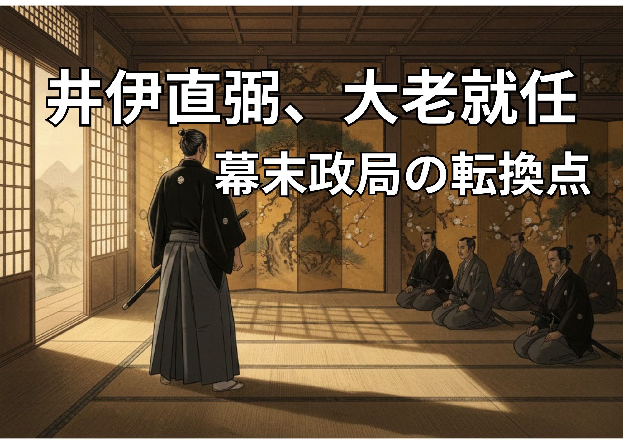 井伊直弼の大老就任をイメージした江戸城大広間のイラスト。金屏風と武士の姿が幕末の緊張感を表現している。