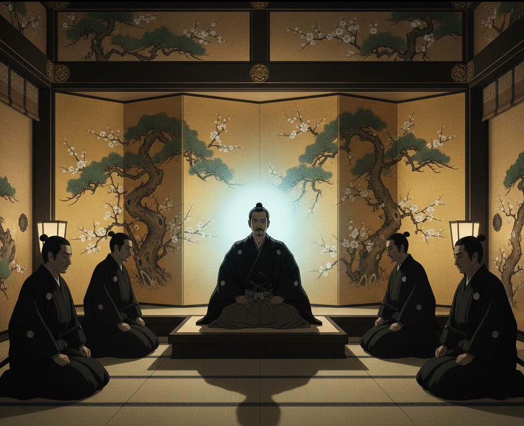 江戸城奥で将軍家定が静かに政治判断を下す場面を描いた和風イラスト。