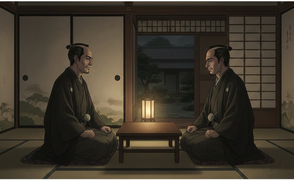 井伊直弼と宇津木景福が行灯の灯りの中で密談する和風イラスト。