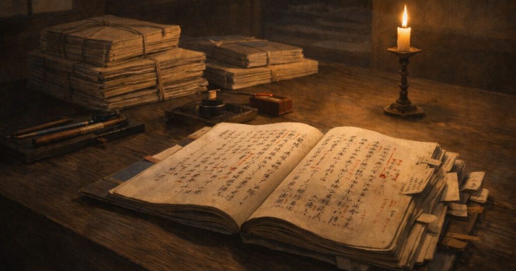 公用方秘録をイメージした江戸時代の記録帳と文書の静物。