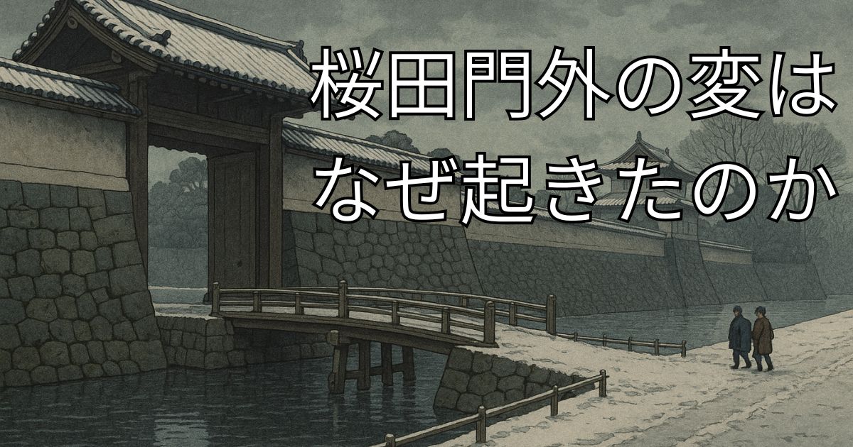 江戸城桜田門。桜田門外の変直前、静まり返った外桜田周辺の冬景色。井伊直弼暗殺の予兆を象徴する場面。