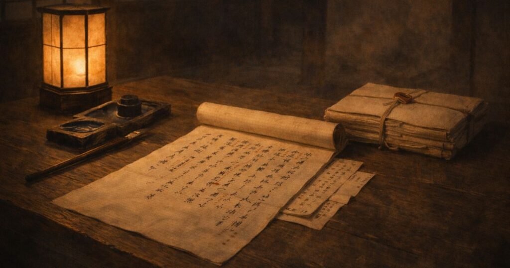 斬首直前に娘へ宛てて書かれた宇津木景福の遺言をイメージしたイラスト