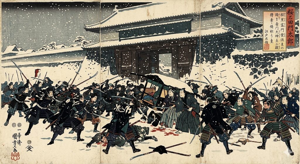 雪降る桜田門外。黒い武士の影が激突する場面。