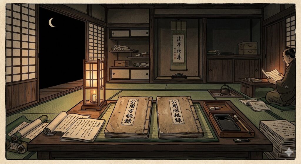 公用方秘録と公用深秘録、二冊の記録帳が並ぶ江戸時代の書斎