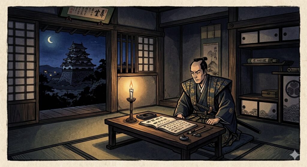 彦根藩の広間で家臣たちに語りかける井伊直弼